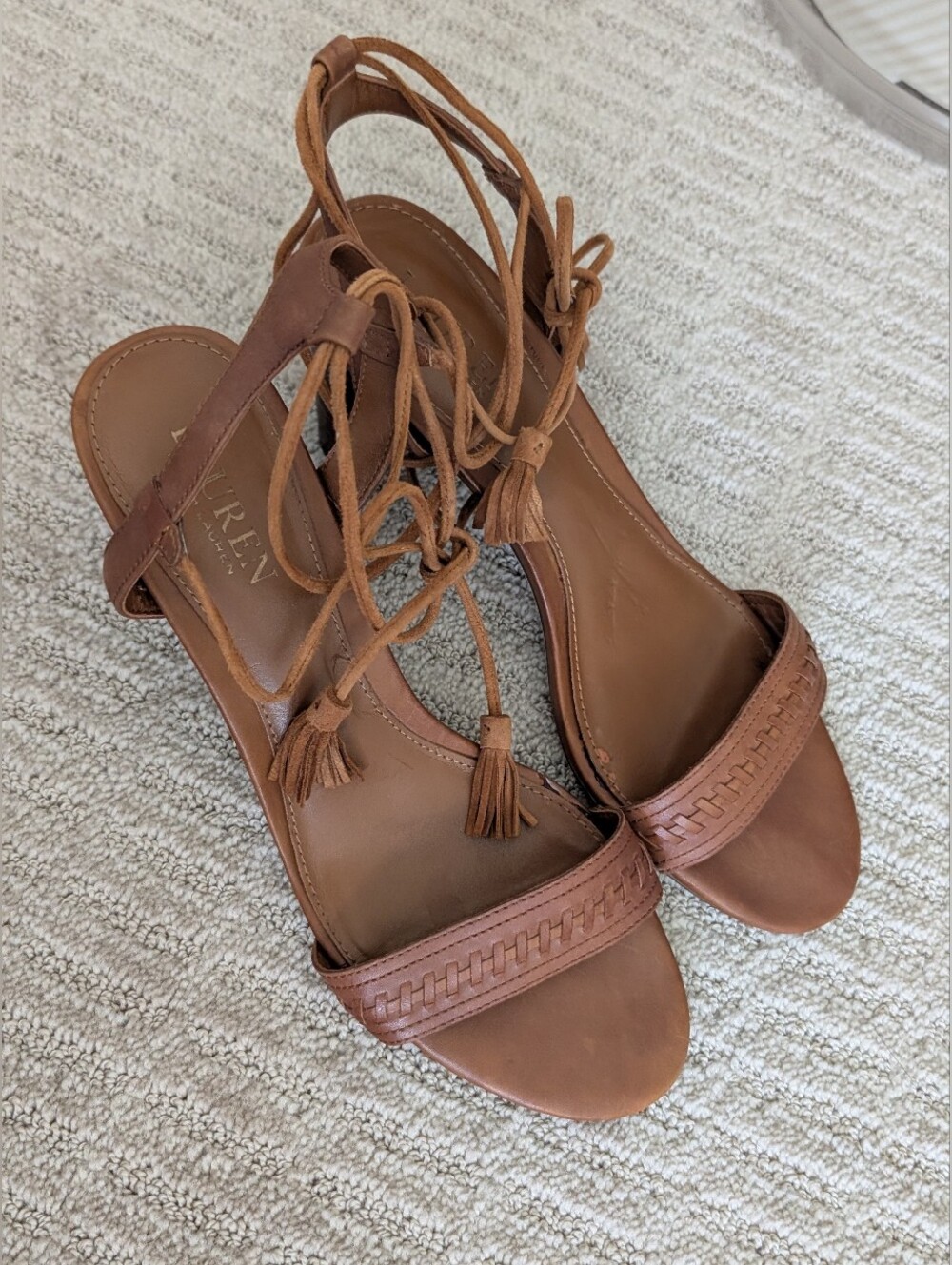 Ralph Lauren Cognac Leather Ankle-Tie Block Heel Sandals 9.5 - Picture 3 of 11